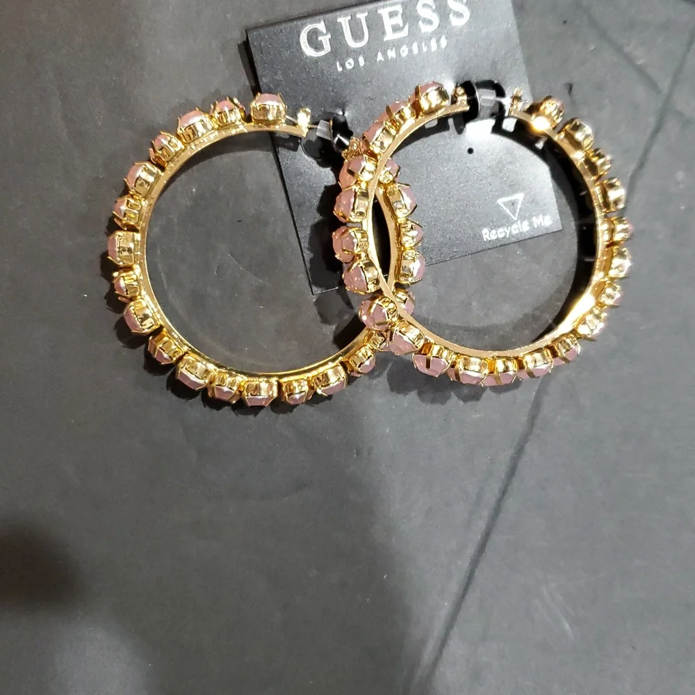 Guess pink crystal gemstone studded bling hoop earrings brand‎ new